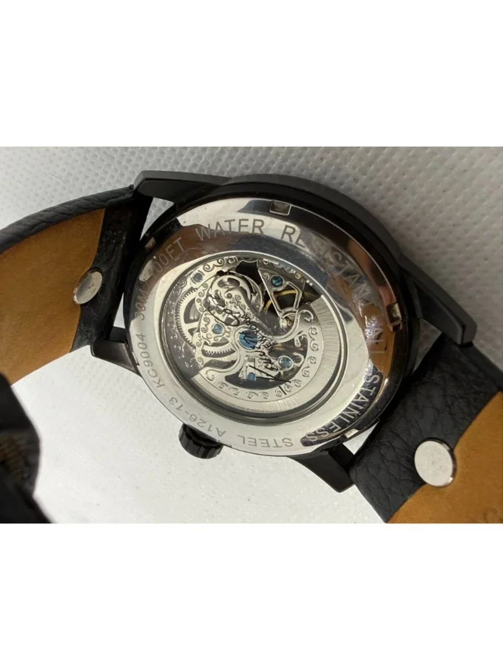Kenneth Cole NY KC1550 Automatic Skeleton Black Dress Croc Leather Watch